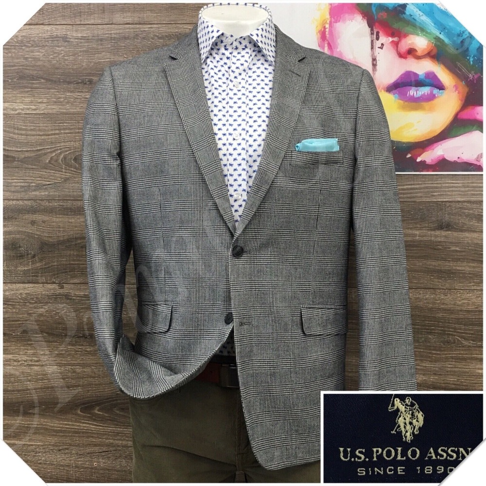 U.S POLO ASSN Mens Blazer Sport Coat Casual Jacket Size 46R Flannel Cotton Suit